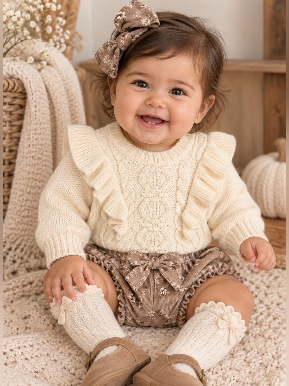 Zara Girls Cream Cable Knit Ruffle Sweater Size 9-12 Months